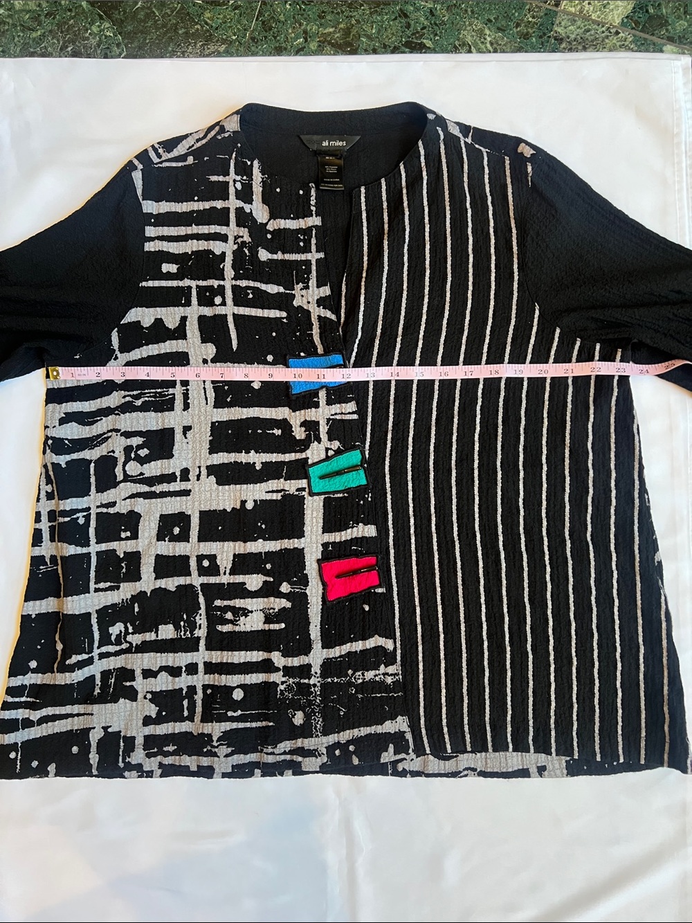 Ali Miles Artsy Black Patterned Button Top with Color Accents Maximalist Indie - Picture 3 of 10